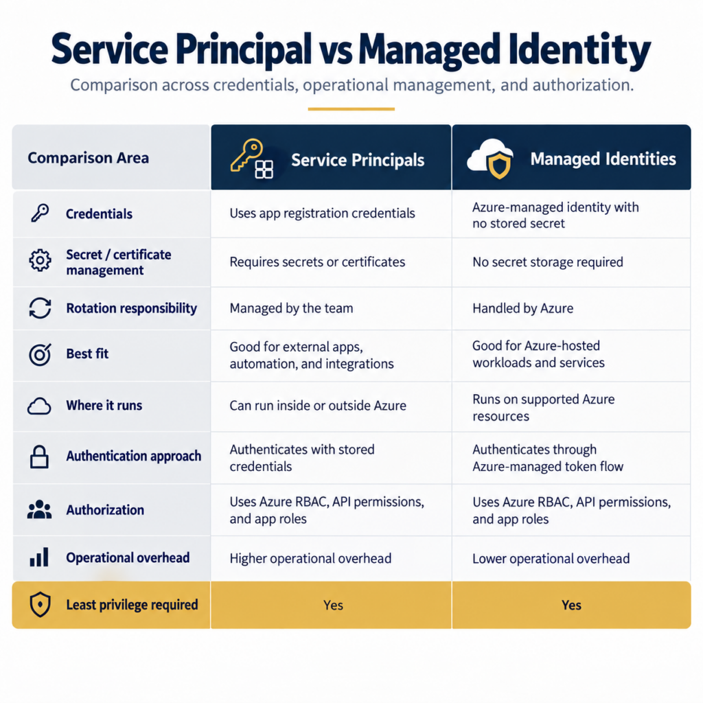 Comparison of Azure service principals and managed identities across credentials and authorization